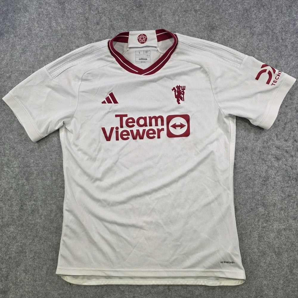 Manchester United‎ Jersey Mens Large White Soccer Adidas Slim Fit